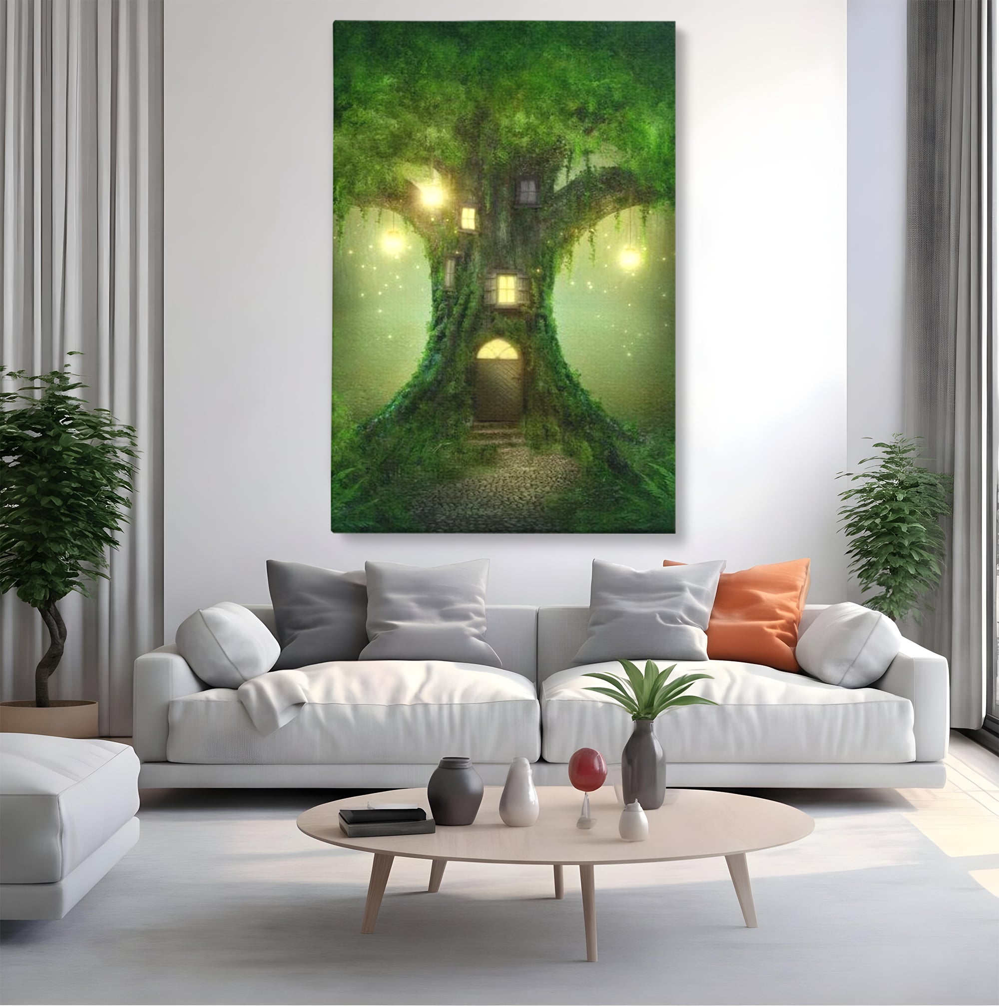 Tablou canvas cu ilustratie digitala cu un copac fermecat, fara rama, pe sasiu de lemn, pe perete intr-un living
